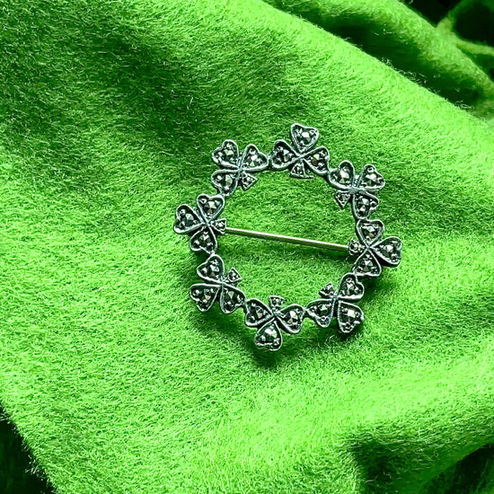 Vintage Irish Sterling Silver Marcasite Shamrock Circle Brooch Pin