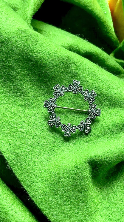 Vintage Irish Sterling Silver Marcasite Shamrock Circle Brooch Pin