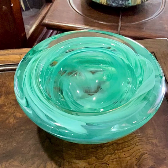 Kosta Boda 2000 Atoll Anna Ehrner Green Swirl Clear Candle Holder Bowl