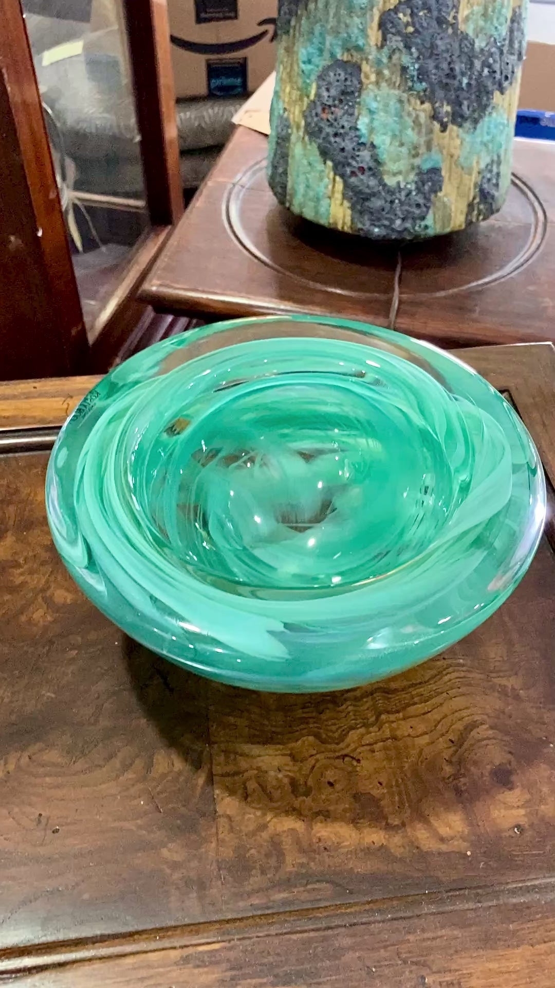 Kosta Boda 2000 Atoll Anna Ehrner Green Swirl Clear Candle Holder Bowl