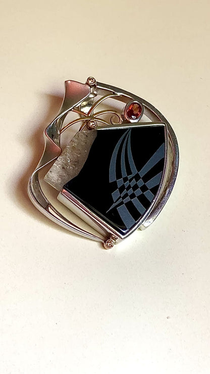 Artisan Triple Diamond 14K Yellow Gold Sterling Silver Etched Black Agate Pendant video