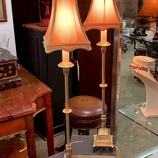 Pair Vintage Bill Cain Chelsea House Brass Marble Base Silk Shade Tall Table Lamps