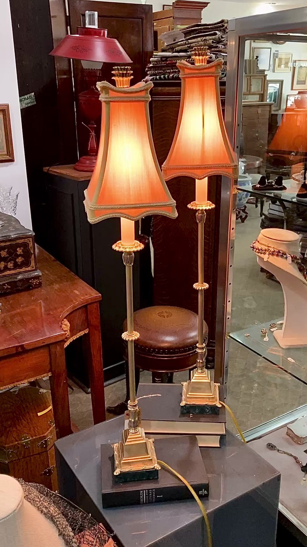 Pair Vintage Bill Cain Chelsea House Brass Marble Base Silk Shade Tall Table Lamps