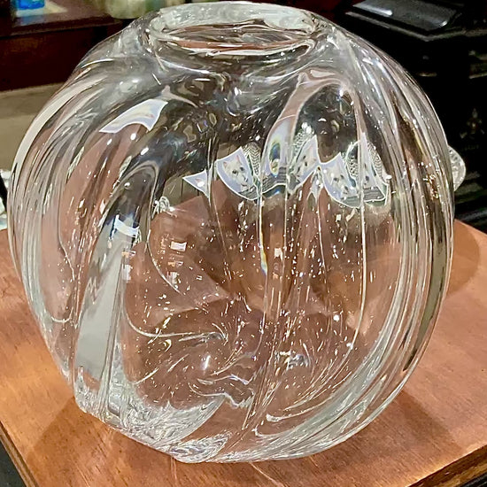 Vintage 1940s Libbey Clear Glass Rose Spherical Swirl Bowl Vase