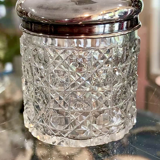 Antique 1912 English Sterling Silver Lidded Cut Glass Miniature Patch Jar