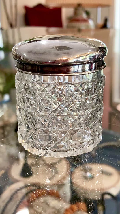 Antique 1912 English Sterling Silver Lidded Cut Glass Miniature Patch Jar