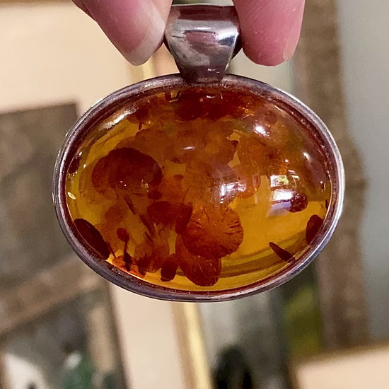 Vintage Sterling Silver Large Baltic Amber Domed Oval Pendant Video
