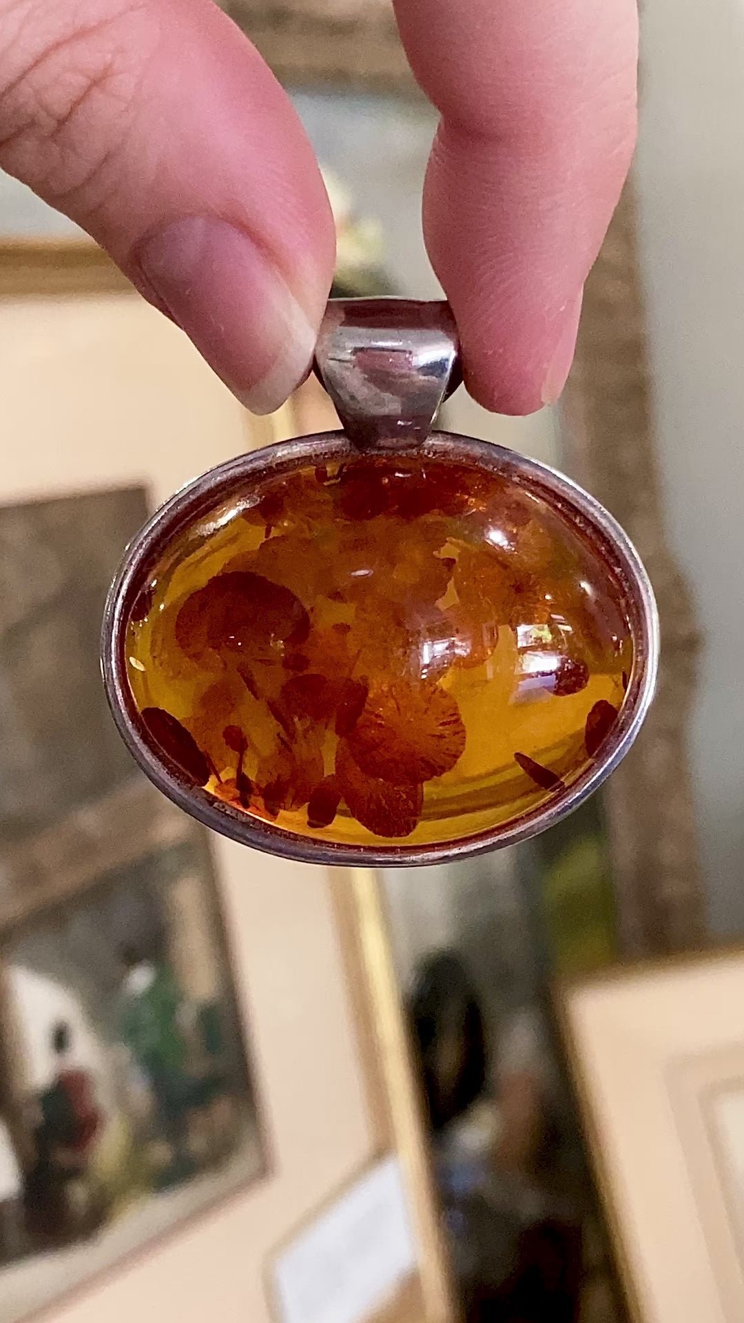 Vintage Sterling Silver Large Baltic Amber Domed Oval Pendant Video
