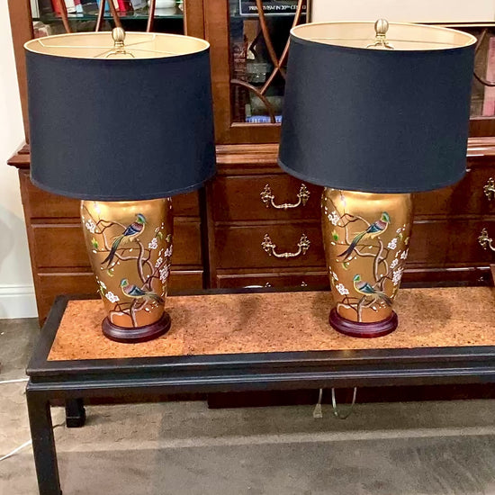 Pair Contemporary Black Shade Gold Floral Bird Ceramic Table Lamps