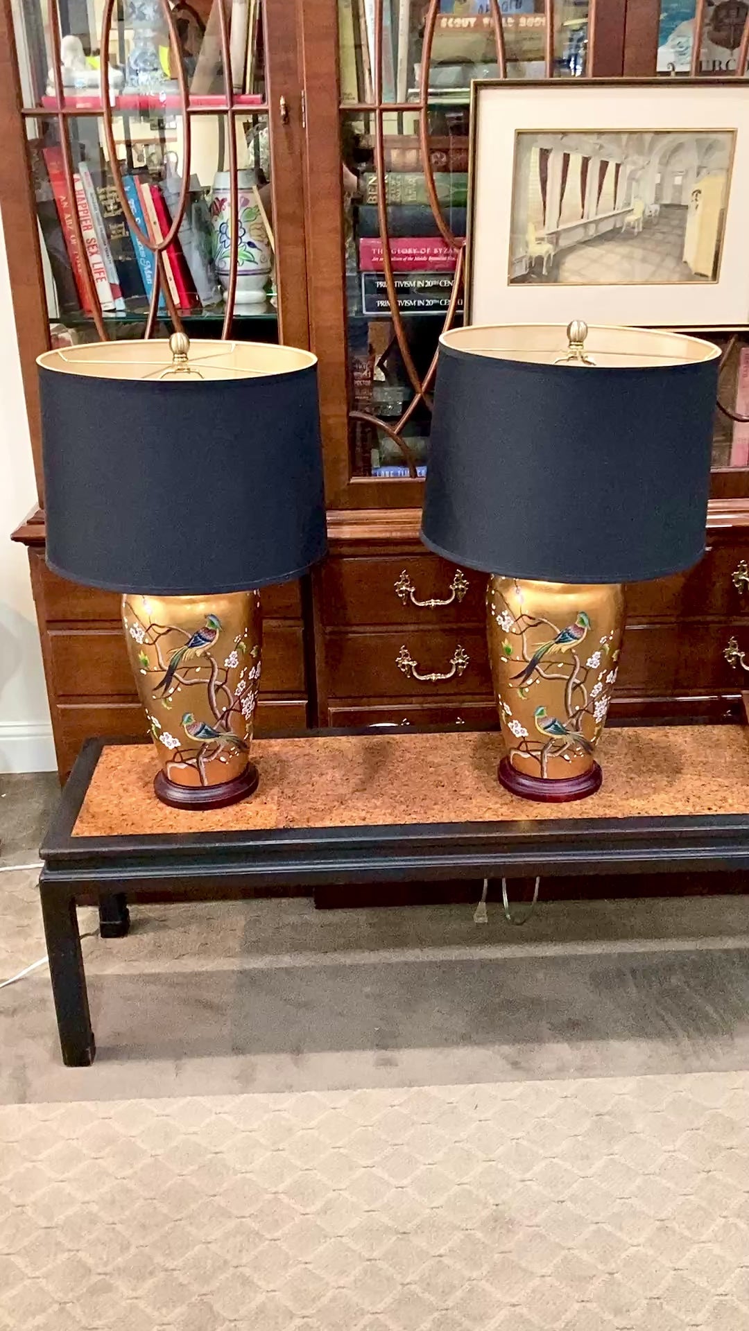 Pair Contemporary Black Shade Gold Floral Bird Ceramic Table Lamps