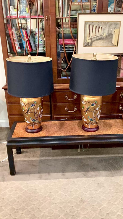 Pair Contemporary Black Shade Gold Floral Bird Ceramic Table Lamps