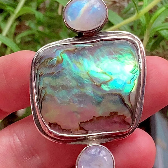 Vintage 925 Sterling Silver Abalone Shell Double Moonstone Pendant