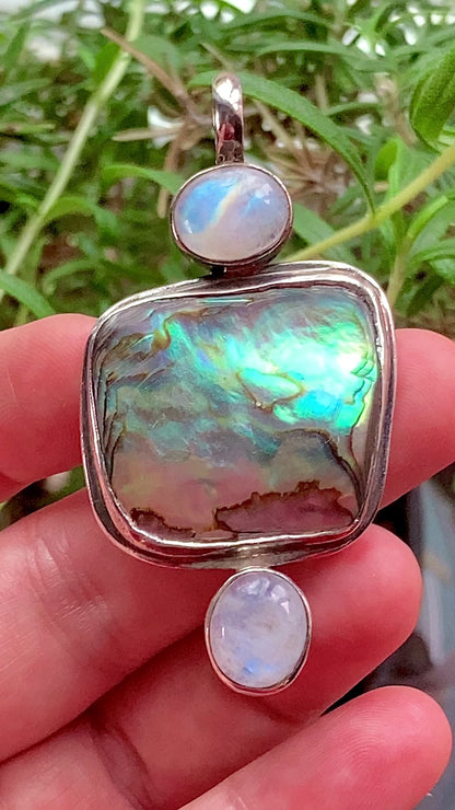Vintage 925 Sterling Silver Abalone Shell Double Moonstone Pendant