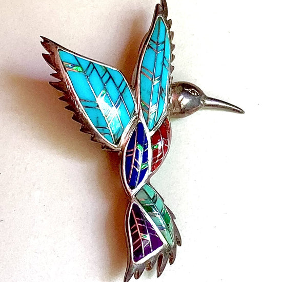 Vintage Sterling Silver Turquoise Gemstone Mosaic Inlay Hummingbird Brooch
