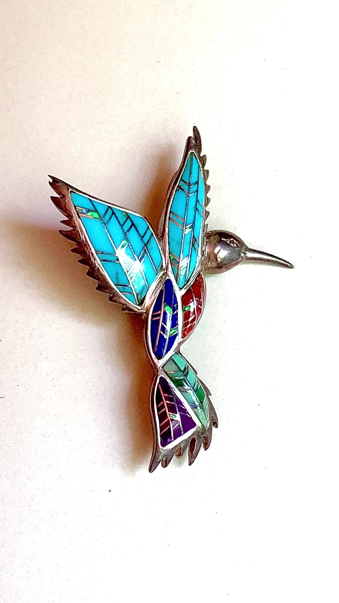 Vintage Sterling Silver Turquoise Gemstone Mosaic Inlay Hummingbird Brooch