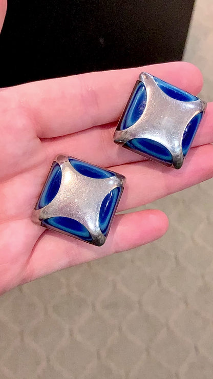 Vintage Mexico Sterling Silver Layered Blue Glass Geometric Clip On Earrings