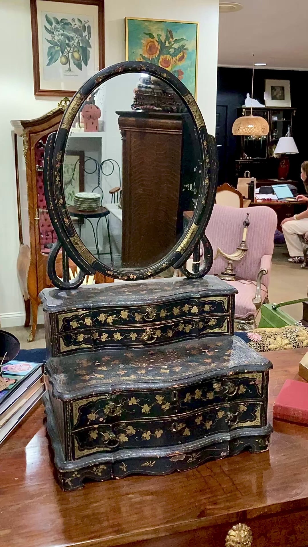 Antique 19th Century Japanese Geisha Style Black Lacquer Hand Painted Vanity