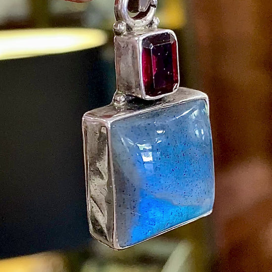 Sterling Silver Iridescent Blue Feldspar Red Garnet Square Pendant Video