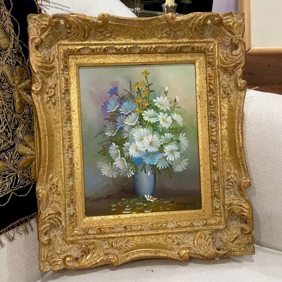 Vintage 1970s Floral Bouquet Still Life R. Campton Framed Canvas Oil Painting