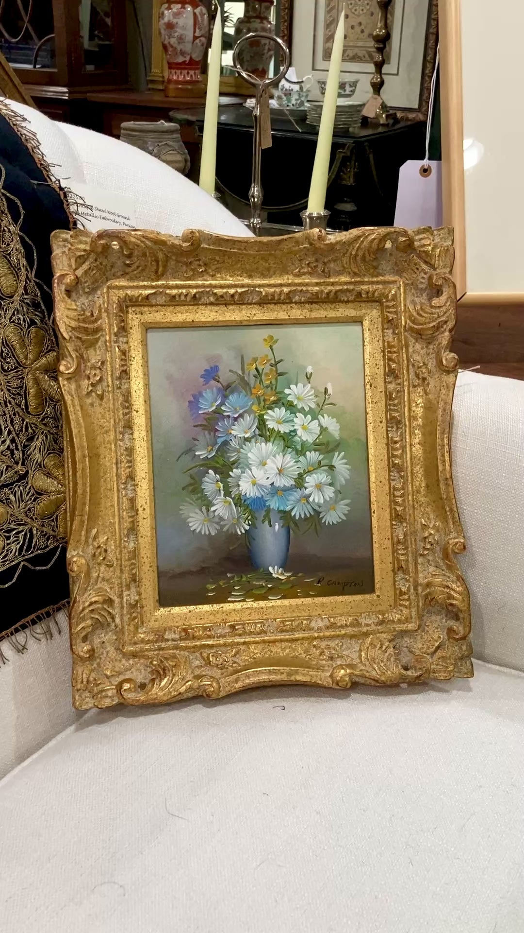 Vintage 1970s Floral Bouquet Still Life R. Campton Framed Canvas Oil Painting