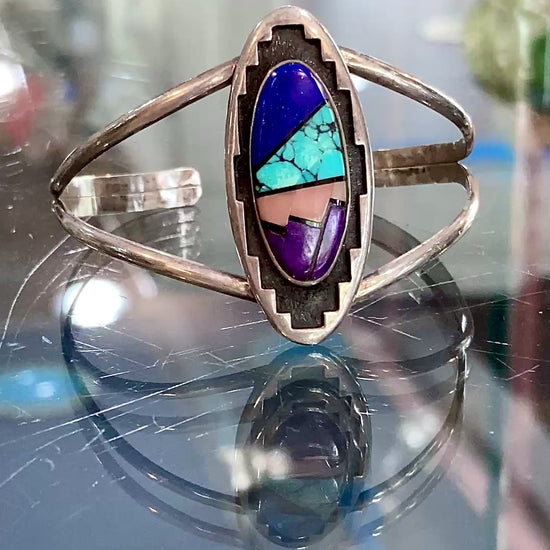 Vintage Temé Navajo Sterling Silver Geometric Stone Inlay Cuff Bracelet