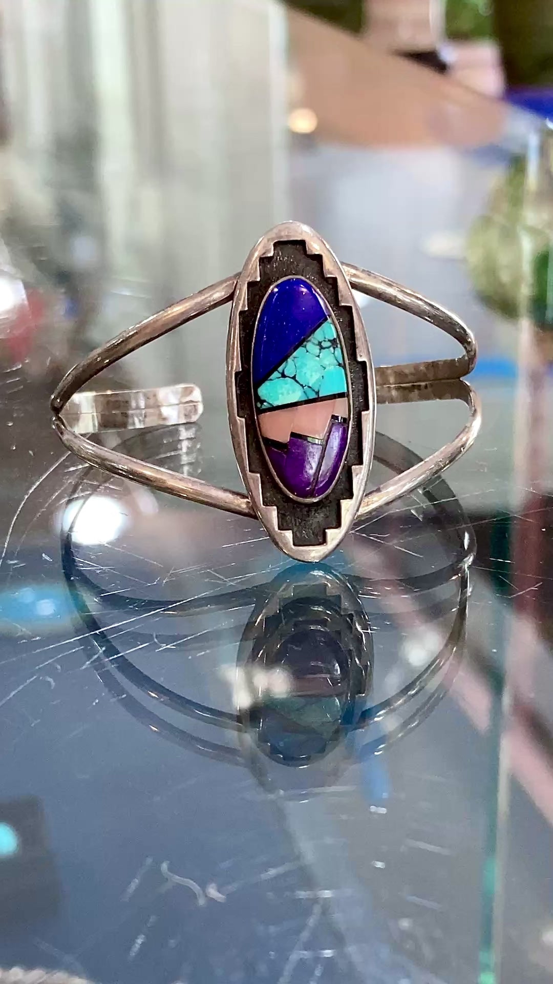 Vintage Temé Navajo Sterling Silver Geometric Stone Inlay Cuff Bracelet