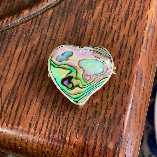 Vintage Mexican Abalone Silver Heart Shaped Miniature Trinket Pill Box