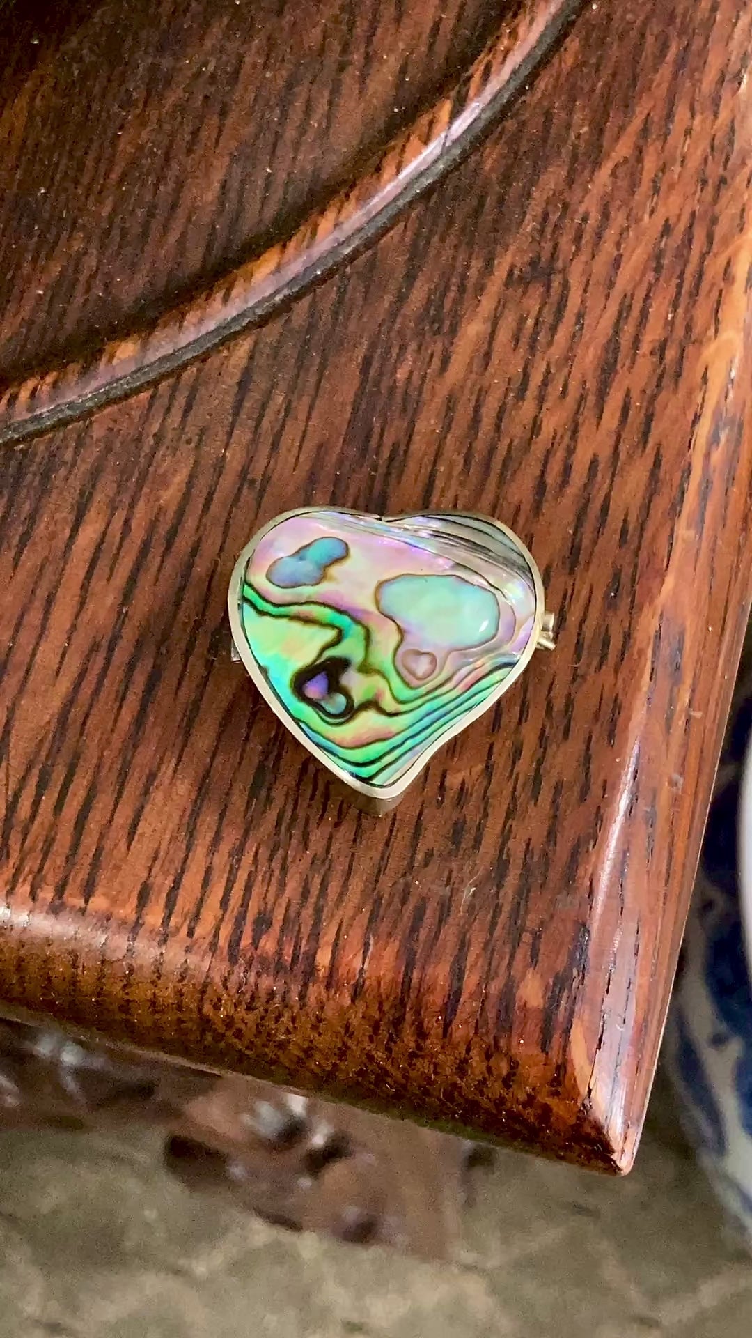Vintage Mexican Abalone Silver Heart Shaped Miniature Trinket Pill Box