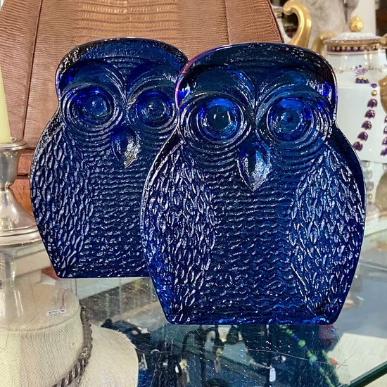 Vintage 1960's Stylized Owl MCM Blenko Cast Cobalt Blue Glass Bookends