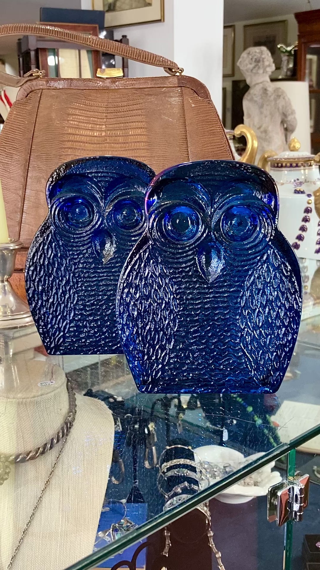 Vintage 1960's Stylized Owl MCM Blenko Cast Cobalt Blue Glass Bookends