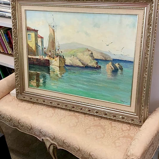 Vintage 1960s Greece Village Seaside Boat Dock Landscape Signed Framed Oil Painting
