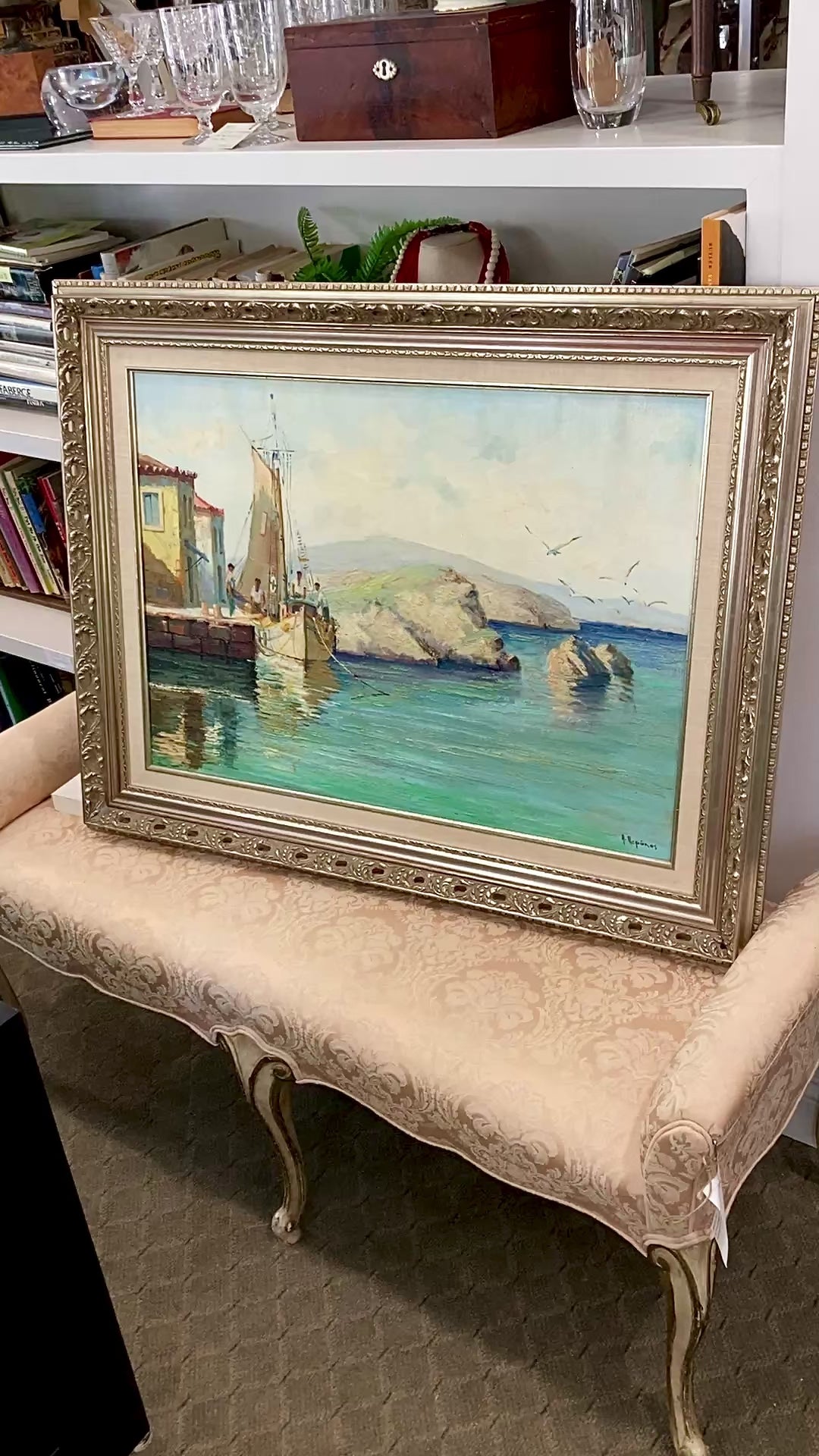 Vintage 1960s Greece Village Seaside Boat Dock Landscape Signed Framed Oil Painting