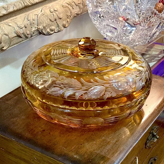 Antique Large 1920s Bohemian Floral Amber Cut to Clear Covered Glass Dish
