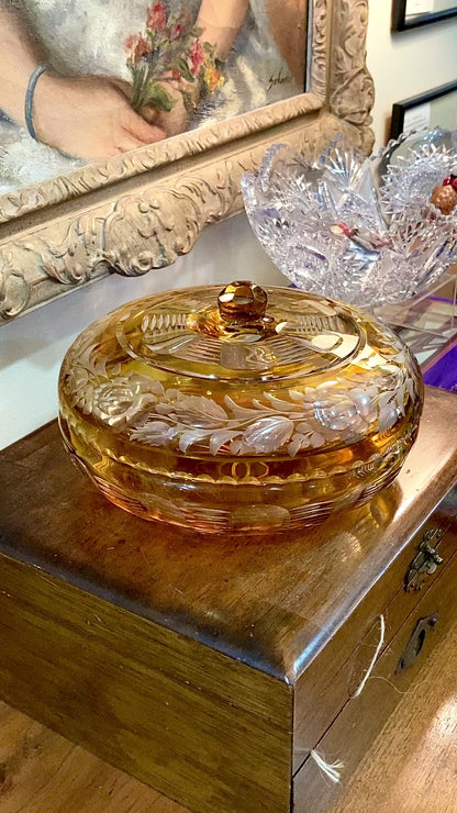 Antique Large 1920s Bohemian Floral Amber Cut to Clear Covered Glass Dish