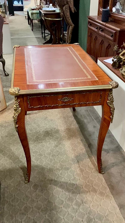 20th Century Louis XV Style Tooled Leather Top Rosewood Bureau Plat Desk Table