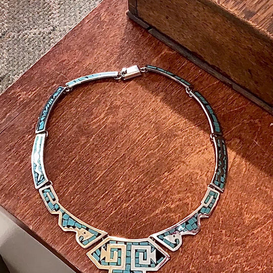 Vintage TAXCO Sterling Silver Turquoise Mosaic Inlay Segmented Necklace