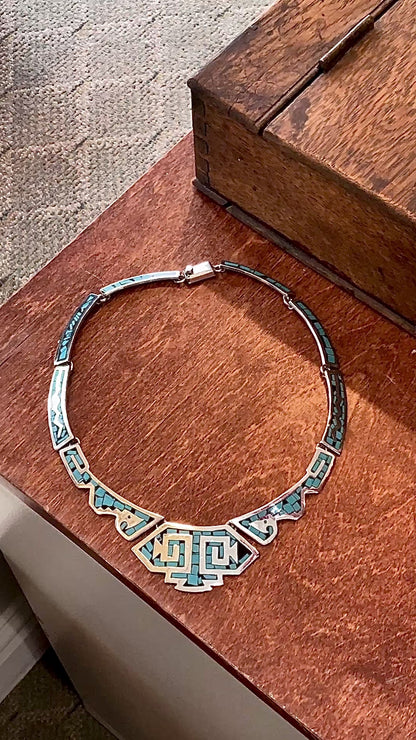 Vintage TAXCO Sterling Silver Turquoise Mosaic Inlay Segmented Necklace