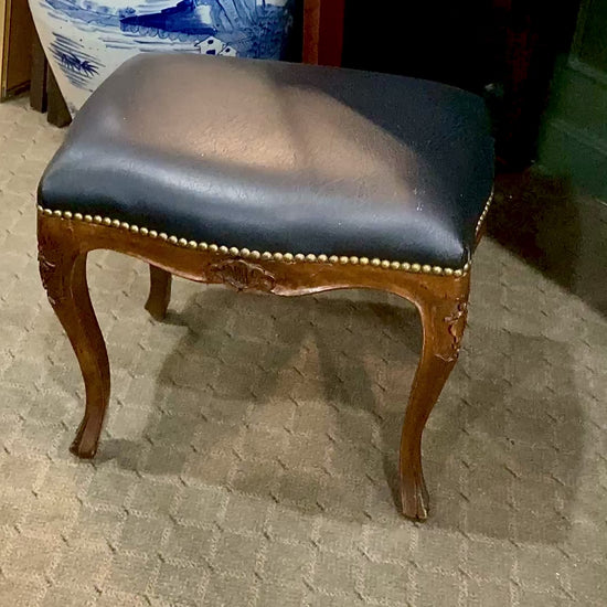 Vintage Black Leather Nail Head Trim Carved Wooden Leg Foot Stool
