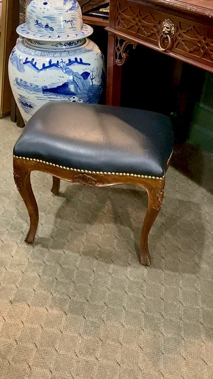 Vintage Black Leather Nail Head Trim Carved Wooden Leg Foot Stool