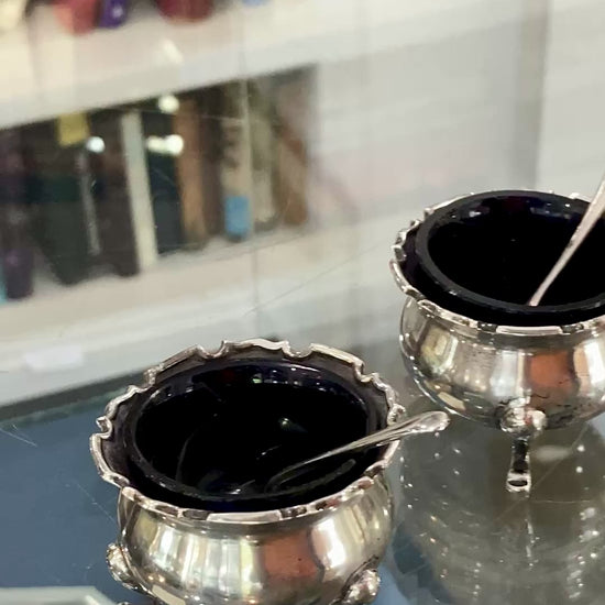 Pair Antique Mappin & Webb Sterling Silver Cobalt Glass Footed Salt Cellars