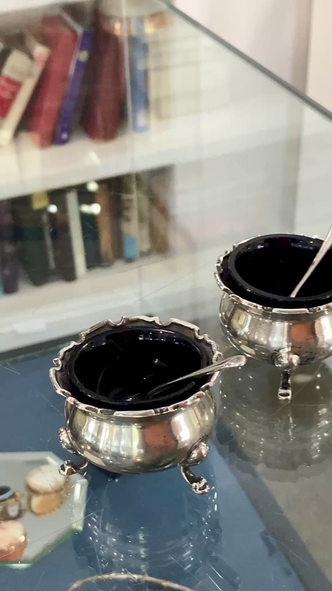 Pair Antique Mappin & Webb Sterling Silver Cobalt Glass Footed Salt Cellars