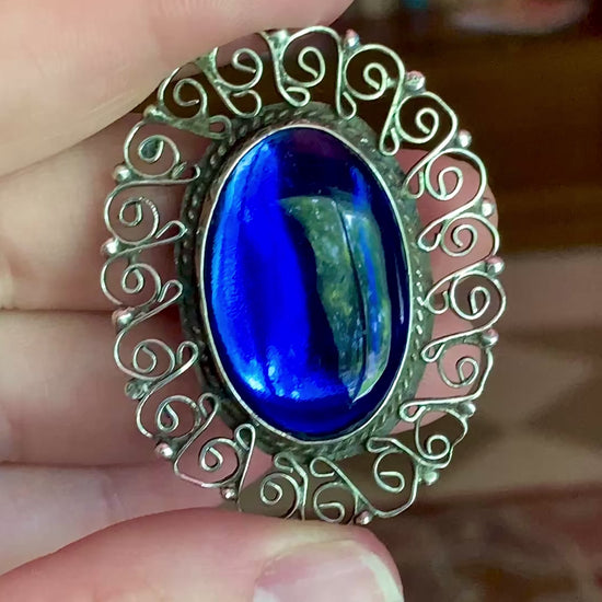 Vintage Mexico Filigree Sterling Silver Oval Blue Cabochon Brooch Pendant Pin