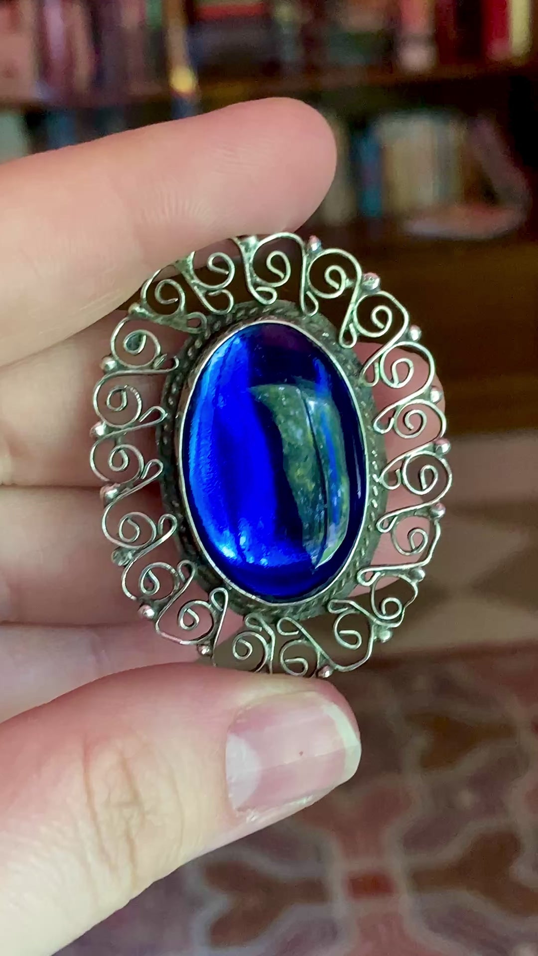 Vintage Mexico Filigree Sterling Silver Oval Blue Cabochon Brooch Pendant Pin