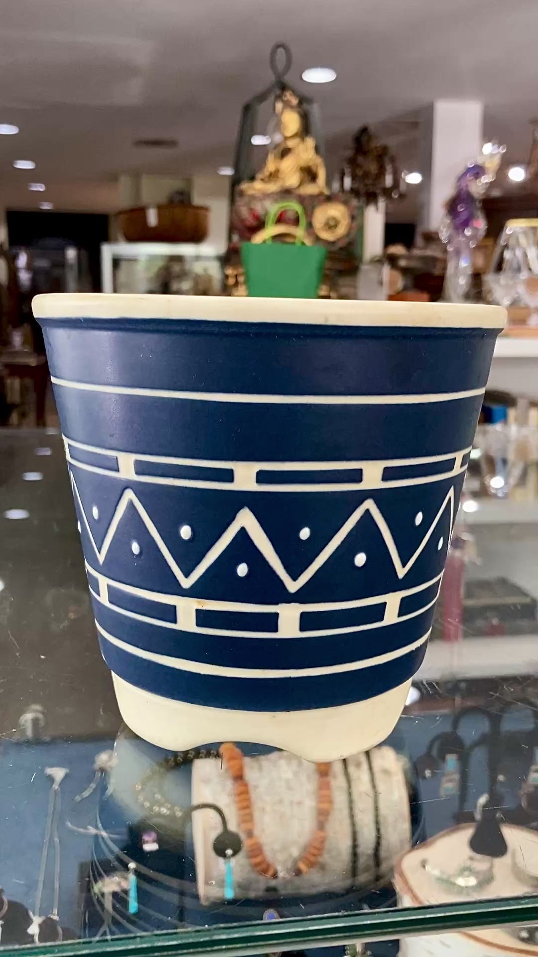 Vintage Mid Century Soholm Handpainted Danish Blue White Stoneware Planter Pot