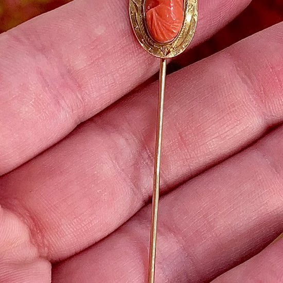 Antique 10K Yellow Gold Oval Hand Carved Coral Cameo Stick Pin