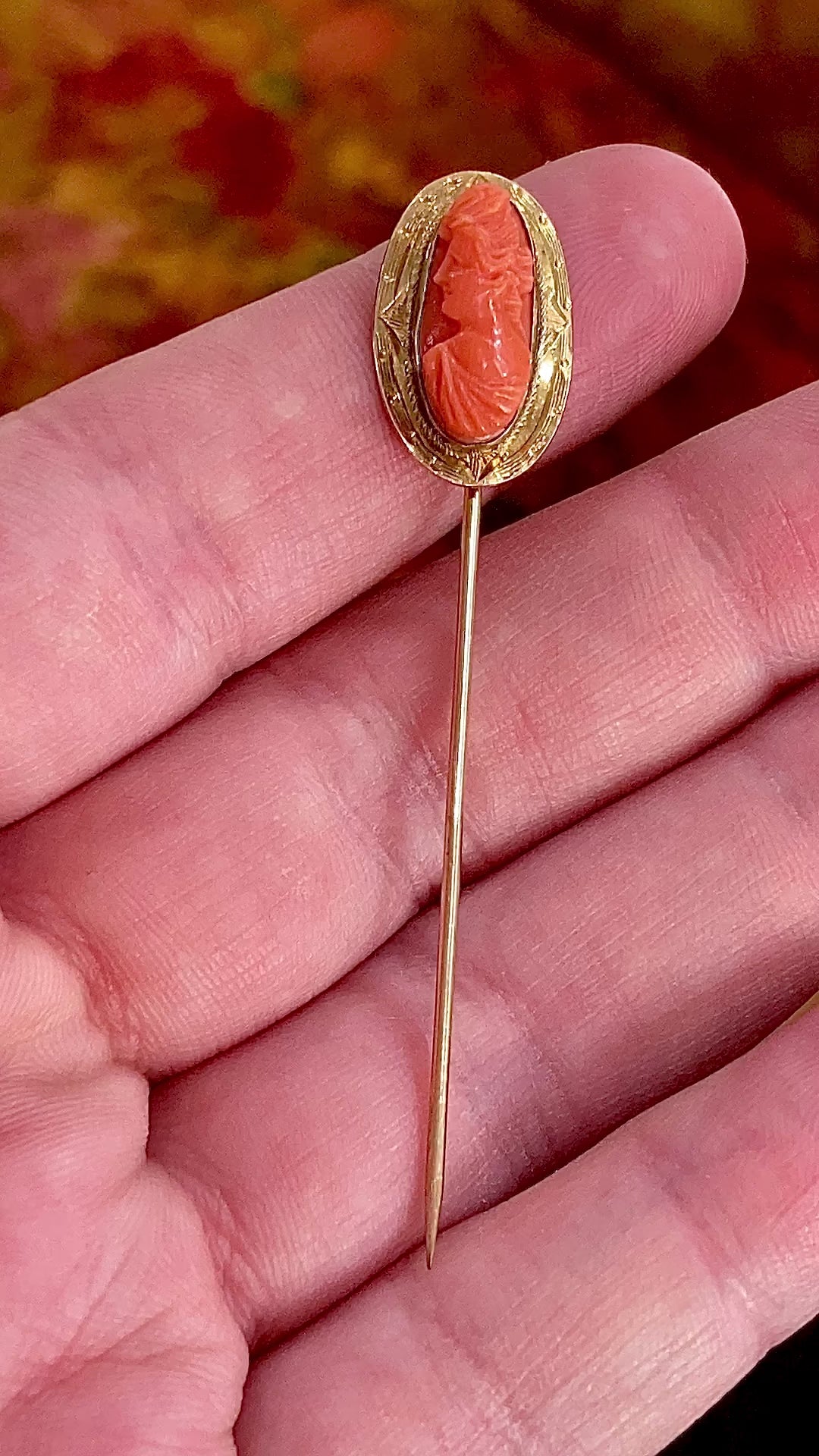 Antique 10K Yellow Gold Oval Hand Carved Coral Cameo Stick Pin