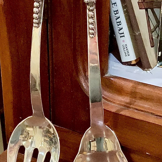 Pair Vintage MCM F. Ramirez Sterling Silver Blossom Handle Salad Fork Spoon Set Video