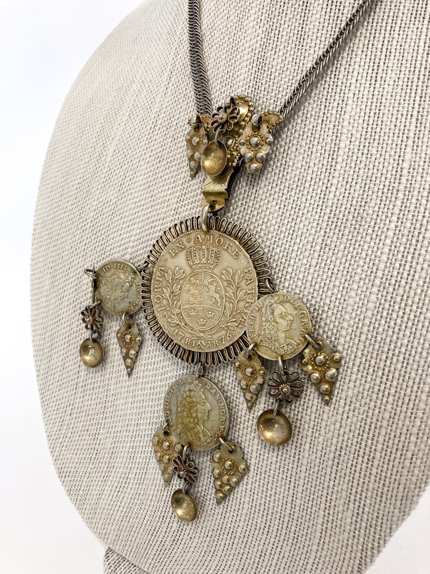 Vintage 1970s Antique Denmark Coins Silver Gold Toned Pendant Necklace Close Up