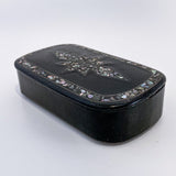 19th Century Antique Abalone Shell Inlay Papier-Mache English Snuff Box Slightly Turned
