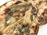 Antique Leaf Shape Gilt Crane Tortoise Shell Lacquer Dish Japanese Tray Close Up of Crane